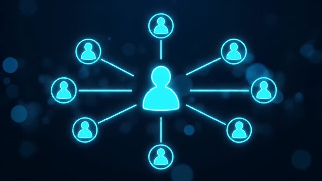 A glowing digital network showing a central human icon connected to multiple peripheral user profile nodes