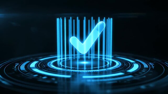 A glowing blue digital checkmark icon floating above a futuristic circular data interface on dark background