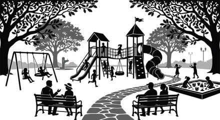 Obraz premium Detailed Park Landscape Vector Illustration - Kids Activity and Play Equipment