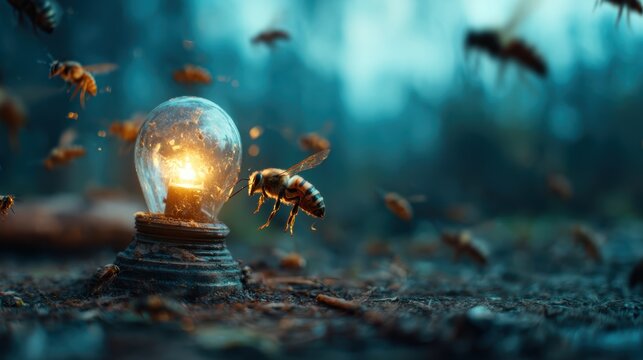 A stunning representation of a bee hovering near a glowing light bulb, showcasing the harmony between nature and technology amidst a soft, enchanting background.