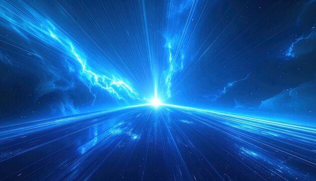 A luminous blue horizon streaks across a cosmic expanse, suggesting hyperspace travel or a celestial event.