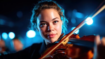 Fototapeta premium A captivating image of a focused young woman playing a violin on stage, capturing the intensity and passion of live performance and musical artistry.
