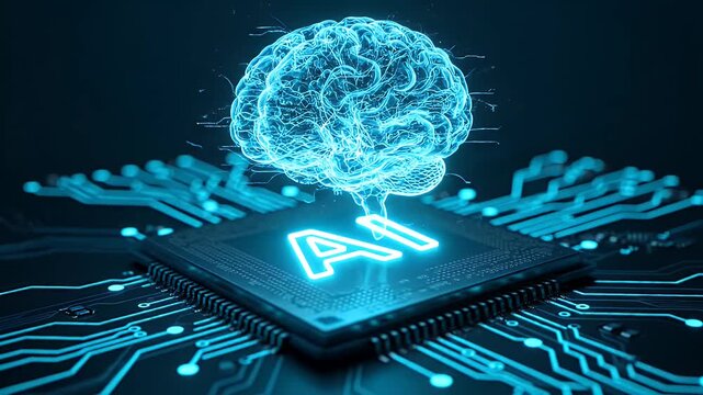 A glowing digital brain hovering above a central processing unit chip representing artificial intelligence technology