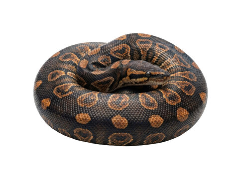 Coiled brown and orange ball python snake with distinctive markings on white background