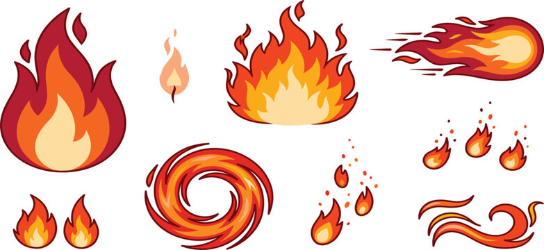 Cartoon fire flame vector icon set featuring glowing bonfires blazing fireballs hot sparks and swirling heat vortex elements isolated on white background