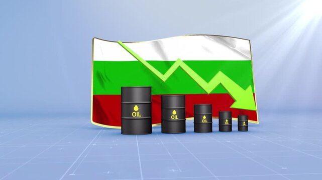 Bulgaria Crude Oil Price Drop with Oil Barrels Downward Green Arrow and 3D Financial Data Visualization Graphs for Economy and Business Concept