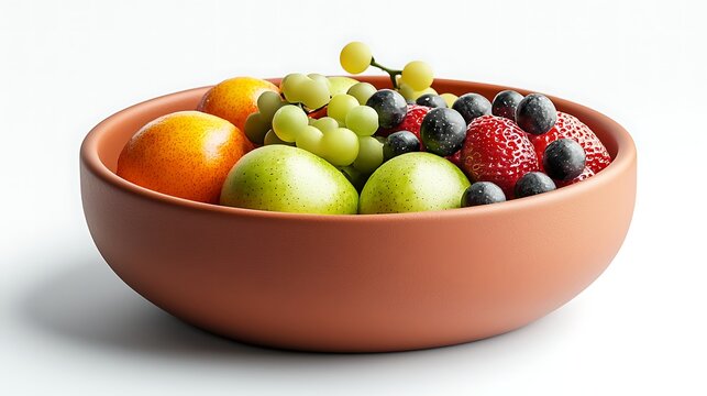 A Refreshing Medley: A vibrant ceramic bowl overflows with a colorful assortment of fresh fruits, including juicy strawberries, plump blueberries, sweet grapes, zesty limes, and ripe tangerines.