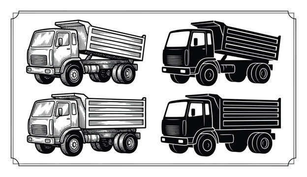 Set of four black and white dump truck in and silhouette styles