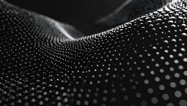 A dark, abstract surface composed of numerous small, illuminated dots arranged in a grid, with a wave-like form.