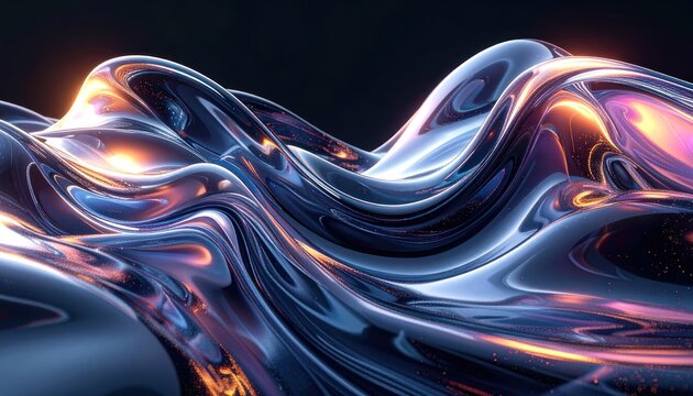 Abstract flowing metallic waves with shimmering orange and purple highlights against a dark background.