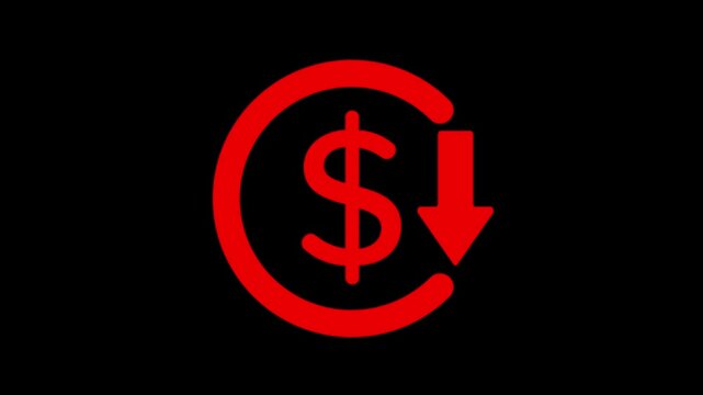 falling dollar value  in market showing with dollar icon and   down arrow  animation.,Red Dollar Sign Inside a Circle on Black Background