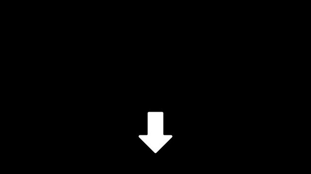 White Arrow Down Animation on Black Background,Animated arrow pointing down on black background.Abstract glowing down arrow icon animation