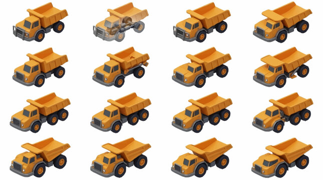 Yellow toy dump trucks in multiple positions and angles.