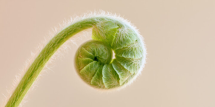 Macro close-up of a bright green fiddlehead fern frond unfurling with delicate fuzzy texture against a smooth beige background