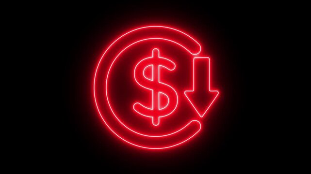 Red Neon Dollar Sign with Downward Arrow Symbolizing Financial Loss or Cost Reduction, loss in business market concept video  animation, dollar and down arrow  animation on black background. 