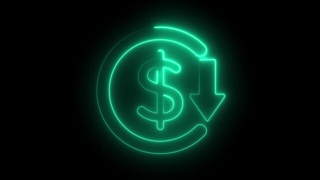 Neon dollar sign with downward arrow animation on black background, representing financial loss or cost reduction