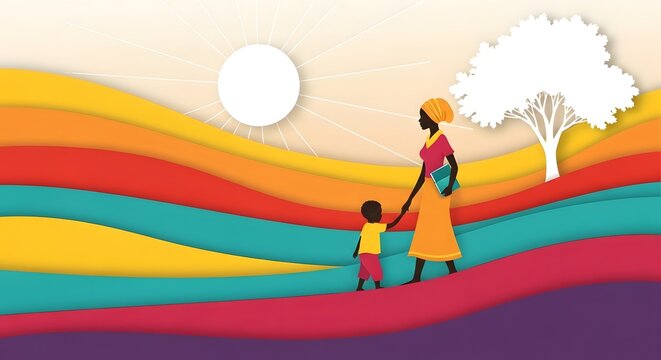 International youth day illustration mother and child walking in colorful landscape