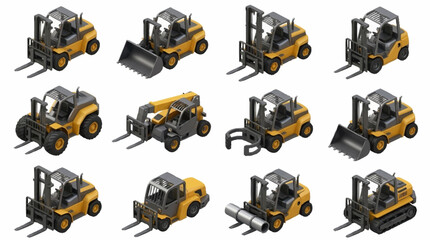 Collection of yellow industrial forklift trucks in various angles. © Kiki