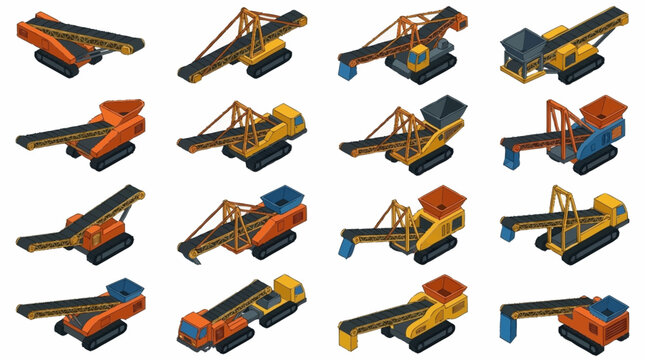 Colorful industrial conveyor belt systems in isometric view.