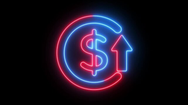 Neon Dollar Sign with Upward Arrow and Circular Motion on Black Background.increasing dollar value  in market concept video  animation.