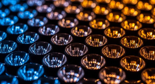 A dark grid pattern of reflective round cups or reflectors lit by blue light on the left and orange light on the right