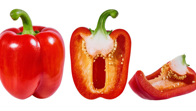 Isolated whole red bell pepper and a sliced half revealing seeds and vibrant interior.