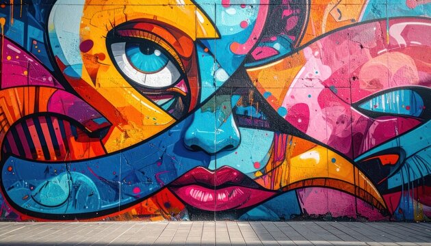 A vibrant and abstract graffiti mural featuring a deconstructed face with bold colors and sharp lines.