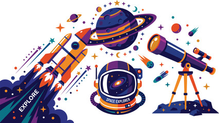 Flat Vector Space Exploration Graphic Elements Set with Rocket Launch Astronaut Helmet Telescope and Saturn Planet Illustrations for Sci-Fi Creative Designs © Rubya