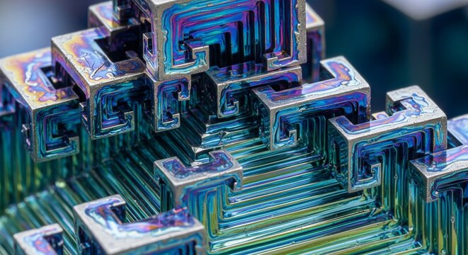 Multi-colored lab grown bismuth crystal pyramid close-up