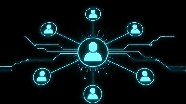 A glowing blue digital network diagram showing a central person icon connected to multiple peripheral users