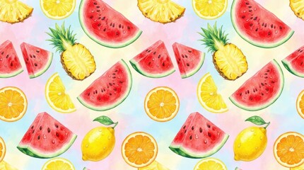 Naklejka premium Colorful Citrus and Tropical Fruit Slices Background Healthy Food Pattern Design