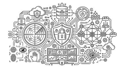 Fototapeta premium Detailed vector illustration depicts a futuristic technology scene with shield, globe, and circuitry in a modern digital environment.