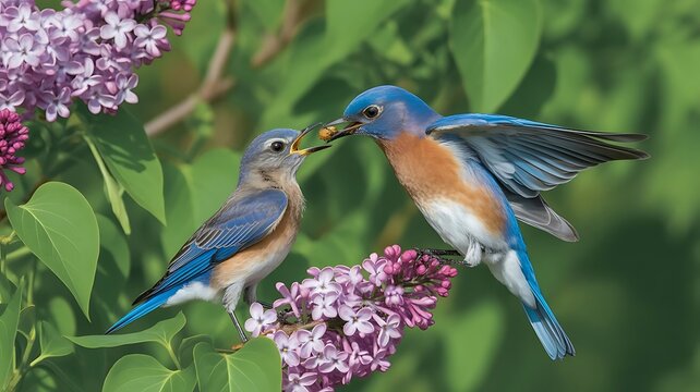 Eastern bluebird feeding its chick on blooming purple lilac branches in spring garden