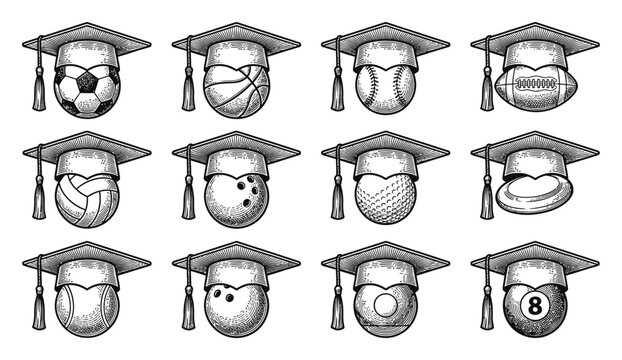 Set of various sports balls wearing graduation caps in a vintage engraved style