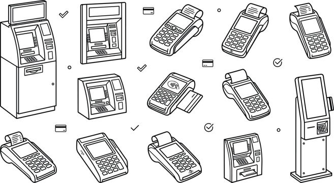 ATM Machines and POS Payment Terminal Collection Featuring Banking Kiosks, Card Readers, Cash Withdrawal, and Financial Technology Devices