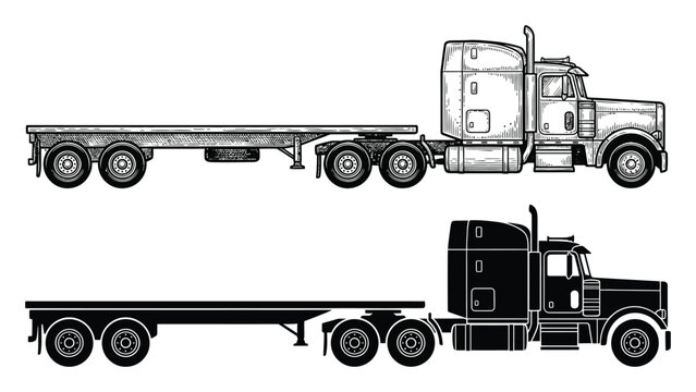 Side view of a semi truck with flatbed trailer in outline and silhouette styles