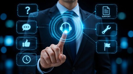 Fototapeta premium Close up of a businessman touching a digital headset icon, concept of online technical assistance and help desk services.