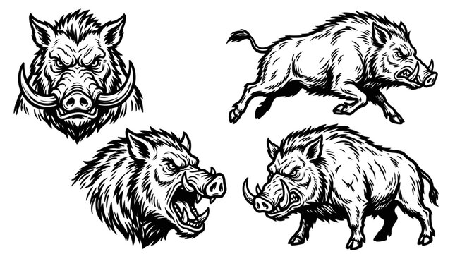 Wild Boar Illustrations: Fierce Heads and Running Animal