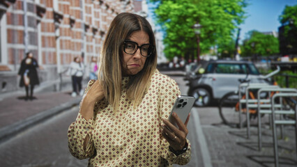 Fototapeta premium Middle-aged hispanic woman holding smartphone and touching neck with other hand, frowning while checking screen on street; concern daily life.