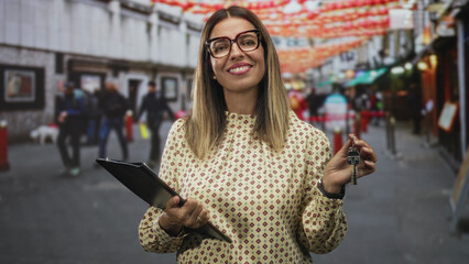 Fototapeta premium Woman smiling holding keys and clipboard on street market, wearing glasses and patterned blouse, offering keys for property viewing; trust welcome.