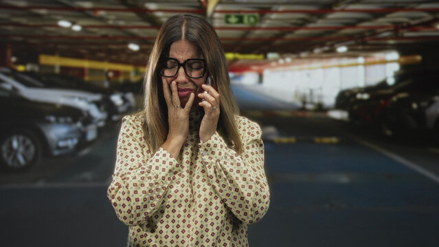 Woman wearing glasses holding phone, hand to mouth crying with fingers on cheek in parking building near cars and concrete pillars; anxiety urgency.