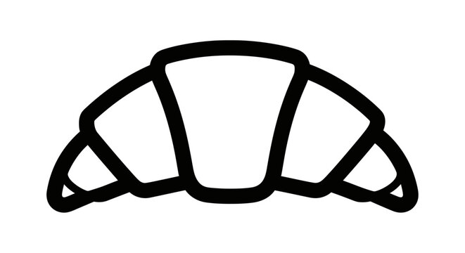 Black outline icon of a crescent shaped croissant pastry on white background