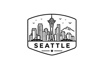 Obraz premium Minimalist Black Line Art Seattle Skyline Badge Vector Illustration – Space Needle Shield Emblem
