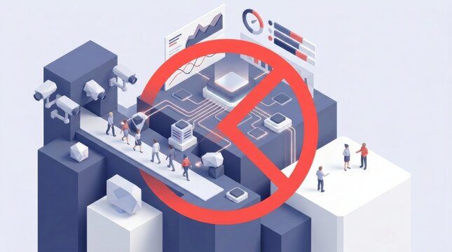 People interact with a digital landscape showing AI ethics and social scoring themes, highlighting the role of responsible governance in technology.