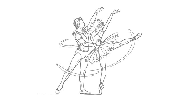 Ballet Dancers Performing Graceful Spin on White Background Line Art Illustration