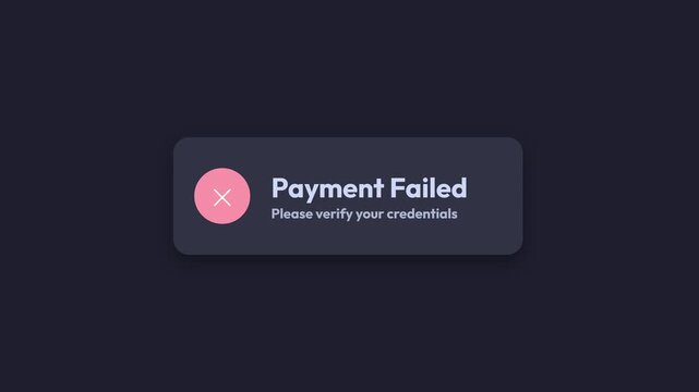 Payment failed notification, pink error icon and white text on dark background, online transaction failure, error message, symbolizing payment issues.