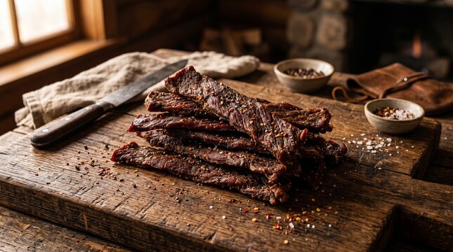 Rustic beef jerky with salt and pepper