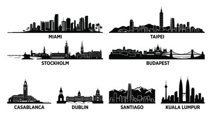 Naklejka premium Minimalist Black Silhouette Vector Illustration – Miami Stockholm Taipei Budapest Casablanca Dublin Santiago Kuala Lumpur Urban Skyline Bundle
