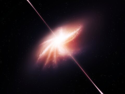 Quasar emits gamma rays into space. Ancient galaxy with a black hole. Emission of matter in the form of jets.