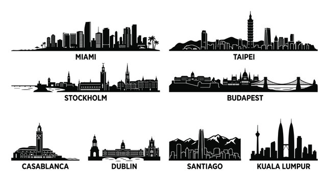 Minimalist Black Silhouette Vector Illustration &ndash; Miami Stockholm Taipei Budapest Casablanca Dublin Santiago Kuala Lumpur Urban Skyline Bundle